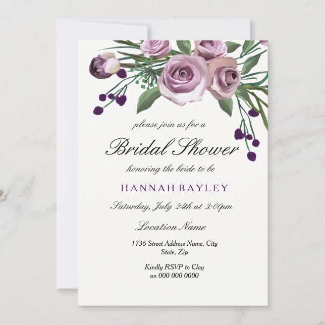 Invitation Élégante Plum violet Rose douche nuptia (Devant)