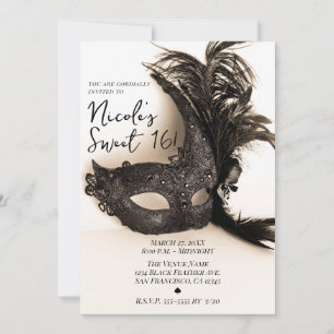 Invitation Elégante Plumes Noires Mascarade Tan Sweet 16