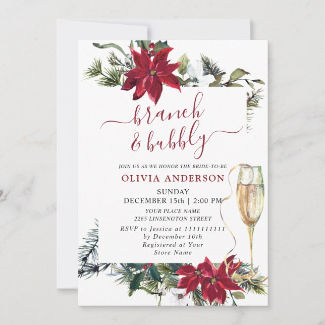 Invitation Elégante Poinsettia Aquarelle Rouge Brunch & Bubbl (Devant)