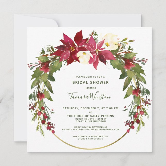 Invitation Elégante Poinsettia Fête des mariées de Noël Flora (Devant)