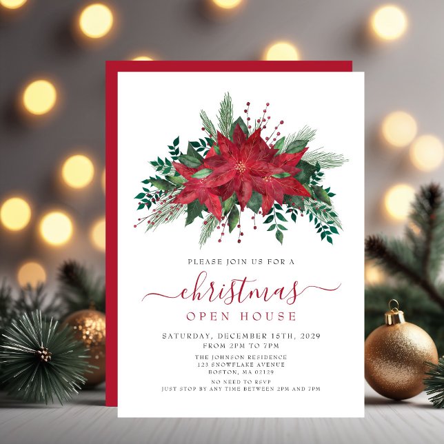 Invitation Elégante Poinsettia Floral Christmas Open House (Elegant Red Poinsettia Floral Christmas Open House Invitation
)
