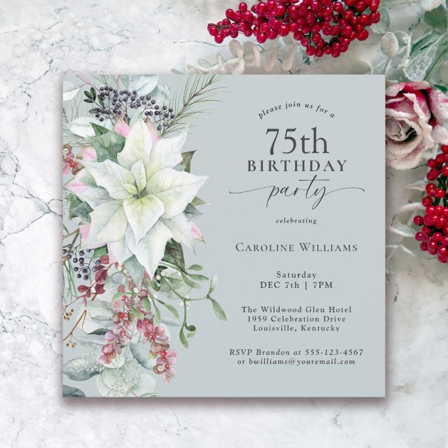 Invitation Elégante Poinsettia Florale 75 décembre Anniversai (Available in both printed and instant download formats.)
