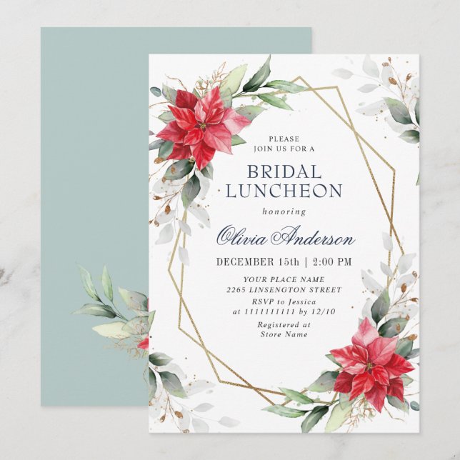 Invitation Élégante Poinsettia Hiver verdure BRIDAL LUNCHEON (Devant / Derrière)
