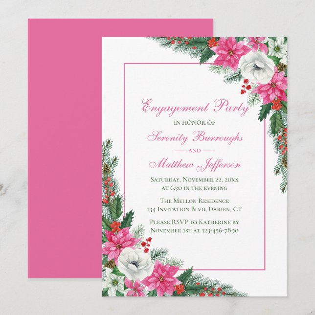 Invitation Élégante Poinsettia Pink Christmas Engagement Part (Devant / Derrière)