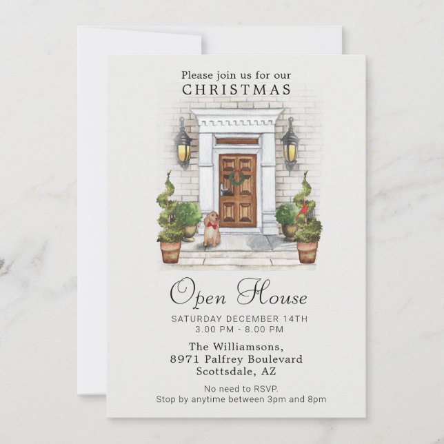 Invitation Elégante porte aquarelle Maison ouverte de Noël (Devant)
