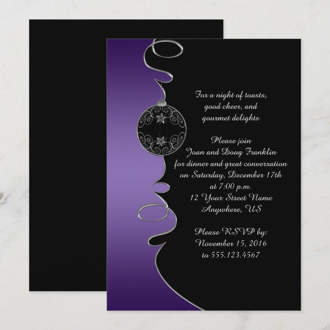 Invitation Élégante poule d'argent violet tourbillons Noir No (Devant / Derrière)