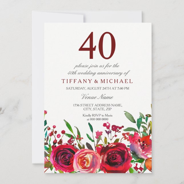 Invitation élégante pour les 40 ans de mariage ave (Devant)