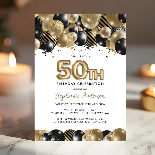 Invitation élégante pour les 50 ans avec paillette (Elegant Gold Black Glitter 50th Birthday Invite)