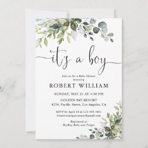 Invitation élégante pour une baby shower Eucalyptu