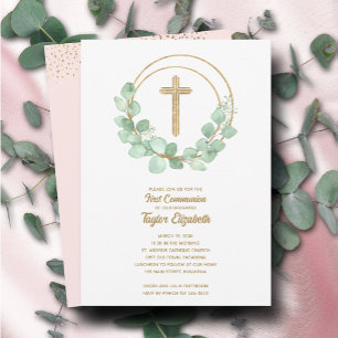 Invitation Élégante première communion Eucalyptus rose