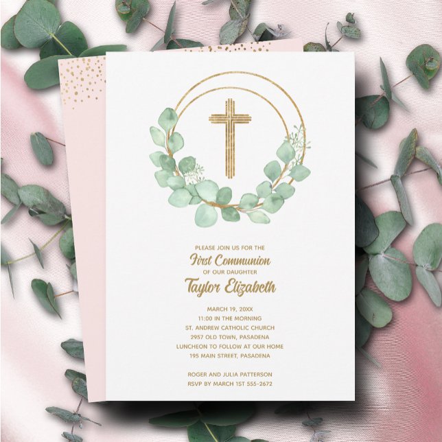 Invitation Élégante première communion Eucalyptus rose (Créateur téléchargé)