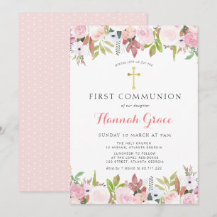 Invitation Elégante première communion florale d'aquarelle