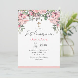 Invitation Élégante Première Communion rose Nom floral