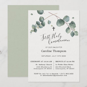 Invitation Élégante première communion sacrée des Eucalyptus