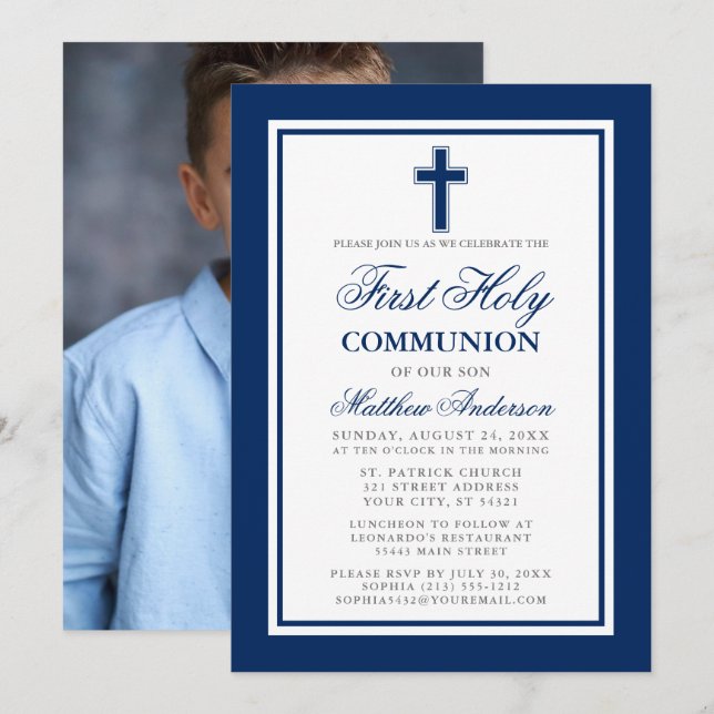 Invitation Élégante première sainte communion bleu argent pho (Devant / Derrière)