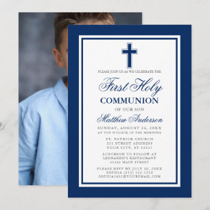 Invitation Élégante première sainte communion bleu argent pho