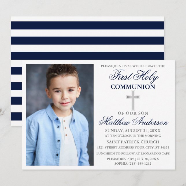 Invitation Élégante Première Sainte Communion Bleu Argent ray (Devant / Derrière)