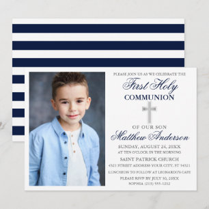 Invitation Élégante Première Sainte Communion Bleu Argent ray