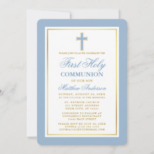 Invitation Élégante Première Sainte Communion Lumière Or Bleu