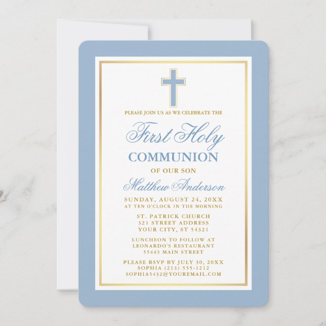 Invitation Élégante Première Sainte Communion Lumière Or Bleu (Devant)