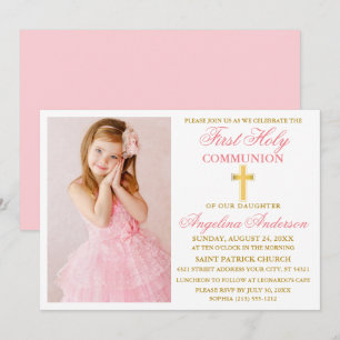 Invitation Élégante Première Sainte Communion Photo Or rose