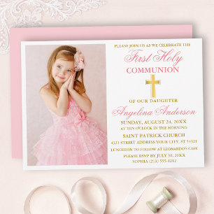 Invitation Élégante Première Sainte Communion Photo Or rose