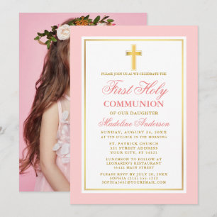 Invitation Élégante Première Sainte Communion Photo Or rose