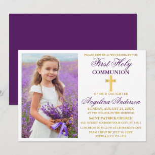 Invitation Élégante Première Sainte Communion Photo Purple Go