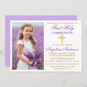 Invitation Élégante Première Sainte Communion Photo Violet Or