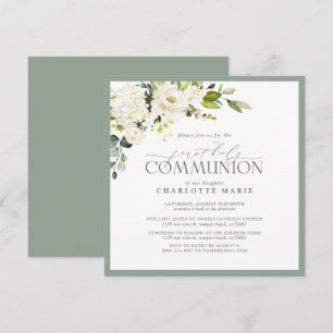 Invitation Élégante Première Sainte Communion Sage Vert Flora