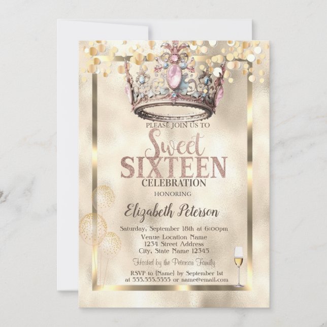 Invitation Élégante Princesse Couronne Balloons Frame Sweet 1 (Devant)