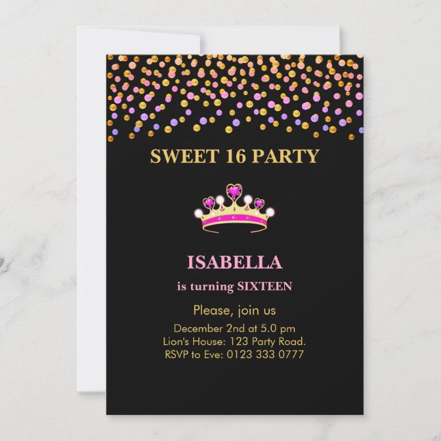 Invitation Élégante princesse Crown Sweet 16 sur Black (Devant)