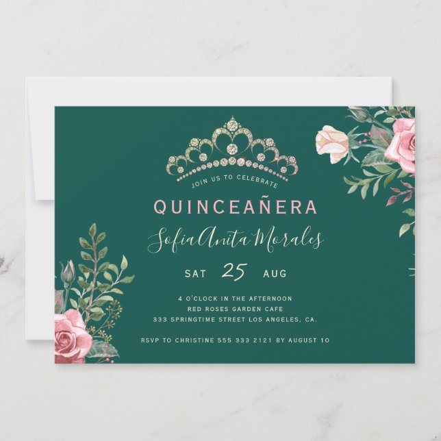 Invitation Élégante princesse fleurie tiara vert Quinceanera (Devant)