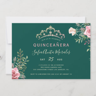 Invitation Élégante princesse fleurie tiara vert Quinceanera