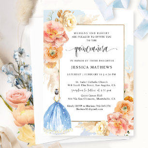 Invitation Élégante princesse Florale Bleue Lumière Quinceañe