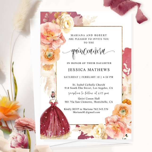 Invitation Élégante princesse florale de Bourgogne Quinceañer (Créateur téléchargé)