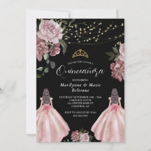 Invitation Élégante Princesse Florale Jumelles Quinceañera