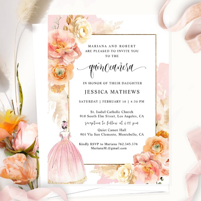 Invitation Élégante princesse florale rose unique Quinceañera (Créateur téléchargé)