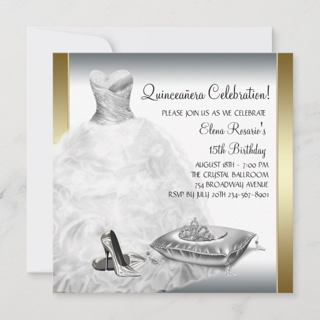 Invitation Élégante Princesse Quinceanera blanche et or (Devant)