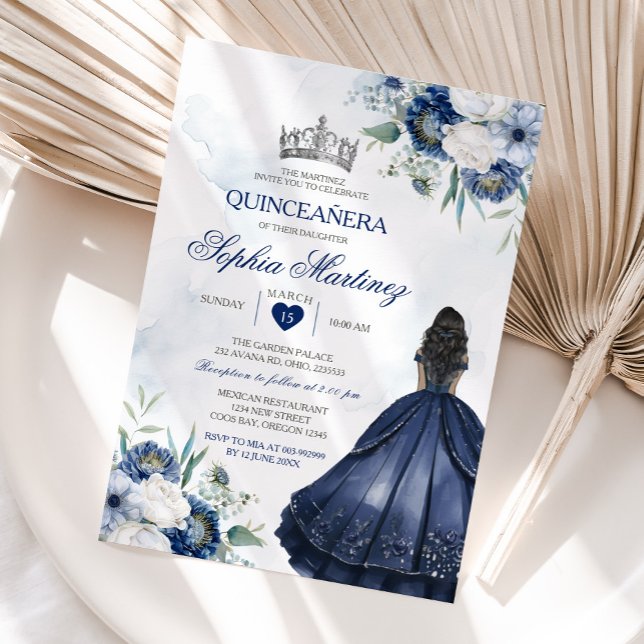 Invitation Élégante Princesse Quiñceanera Marine Floral Argen (Créateur téléchargé)