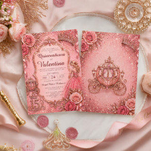 Invitation Élégante Princesse Quinceañera Pailletée Or Rose