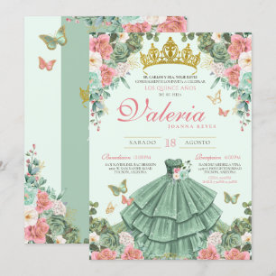 Invitation Elégante princesse Quinceañera verte et rose