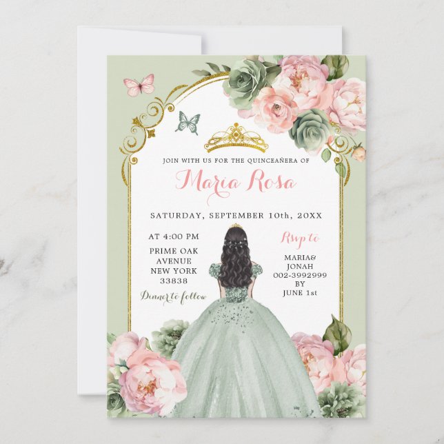 Invitation Elégante Princesse Sage Green Dusty Rose Quinceañe (Devant)