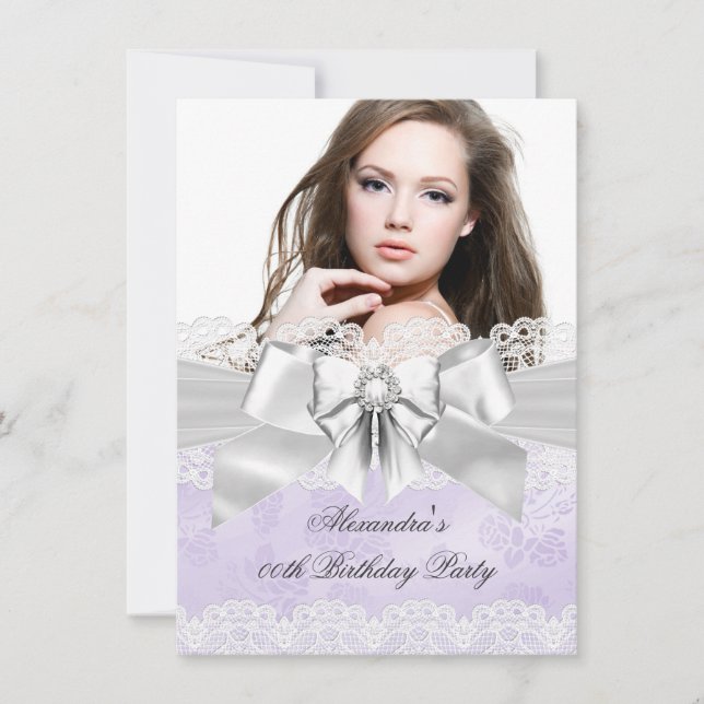 Invitation Elégante Purple Damask Silver Photo Anniversaire (Devant)