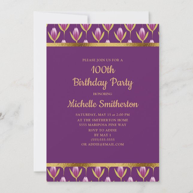 Invitation Élégante Purple Floral Gold 100e fête d'anniversai (Devant)