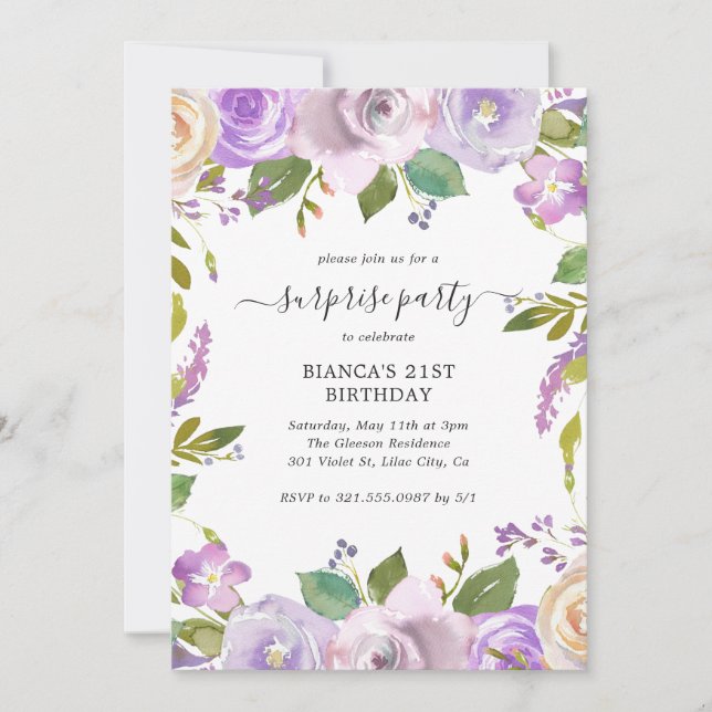 Invitation Élégante Purple Floral Surprise fête d'anniversair (Devant)