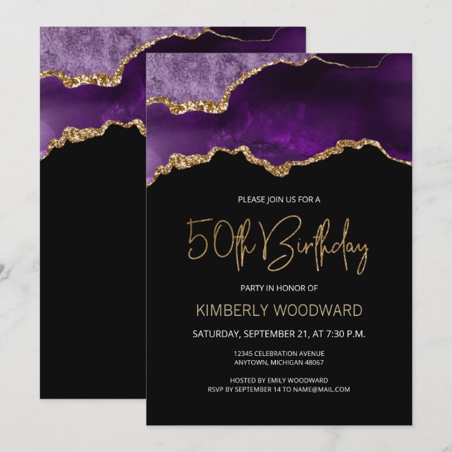 Invitation Elégante Purple Gold Agate 50e fête d'anniversaire (Devant / Derrière)