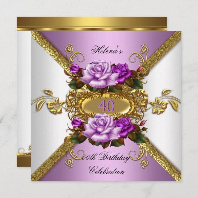 Invitation Elégante Purple Gold Roses fête d'anniversaire (Devant / Derrière)