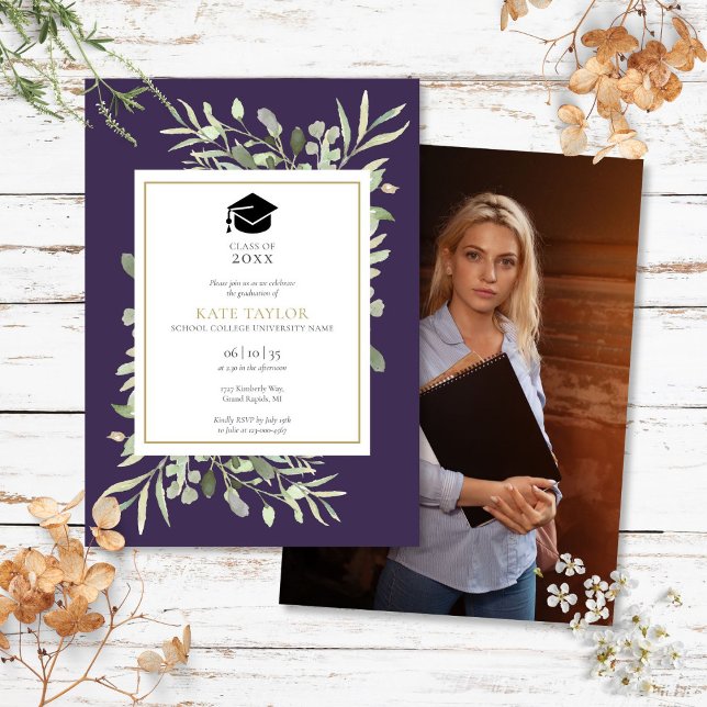 Invitation Elégante Purple Green Photo Party (Elegant Purple Greenery Photo Graduation Party Invitation)
