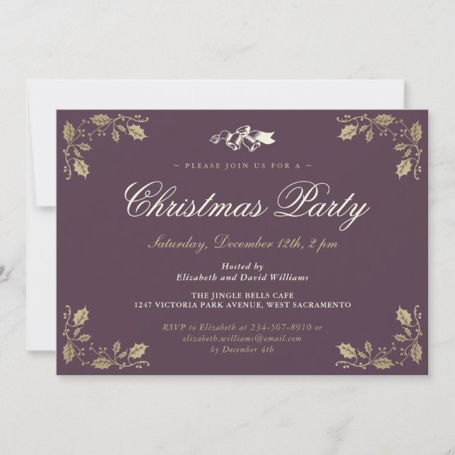 Invitation Élégante Purple Holly Bells Fête de Noël (Devant)
